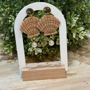 Handcrafted Tan Seashell Drop Earrings with Pearl Accent